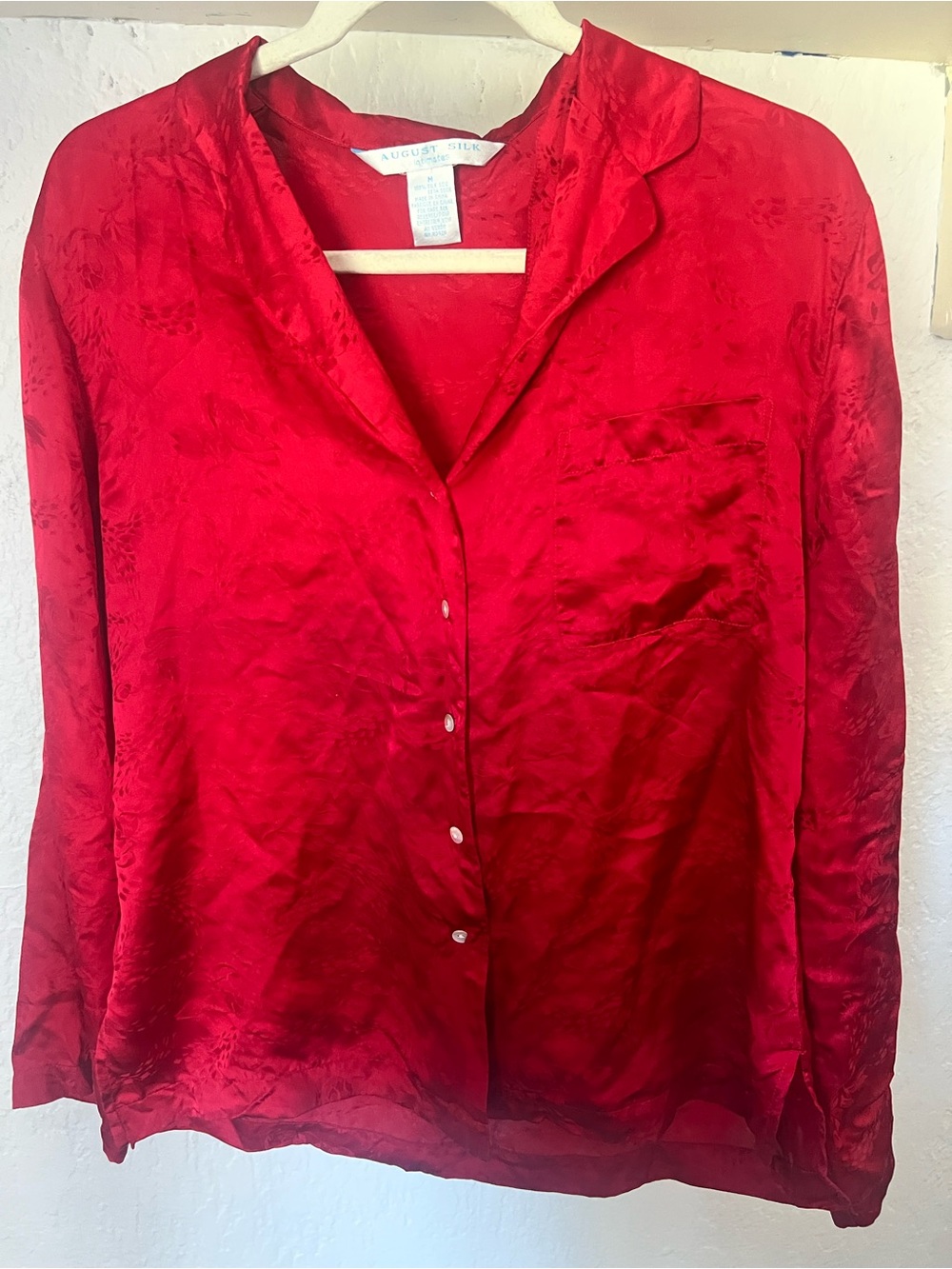 100% Silk Red Long Sleeve Pajama Set Size M by August Silk - Picture 2 of 12